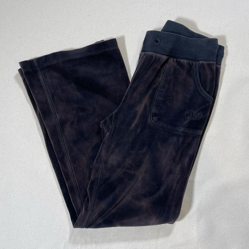 Fila Women’s Velour Black Brown Sweatpants Pockets Elastic Waistband Tie Dye Med
